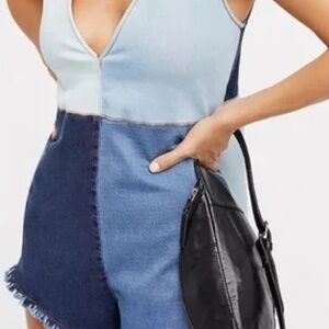 $180 Alice McCall Denim Colorblock Sweet Thing Romper Short jumpsuit Oversized 4